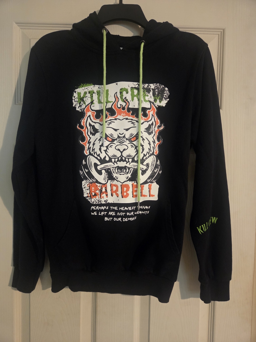 Kill Crew Black Hoodie with Neon Green Drawstrings and Orange Accent Graphic